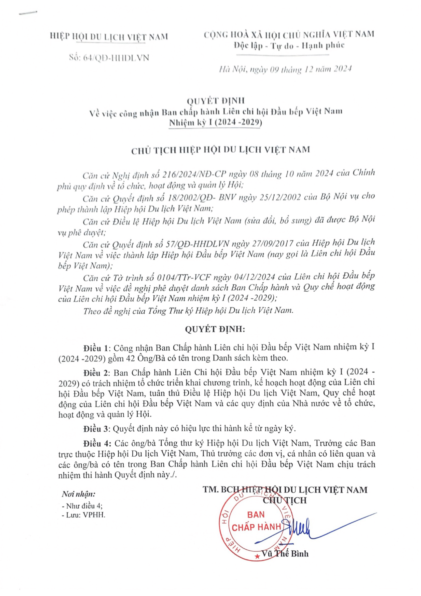 Quyết định cho phép thành lập Liên chi hội Đầu bếp Việt Nam